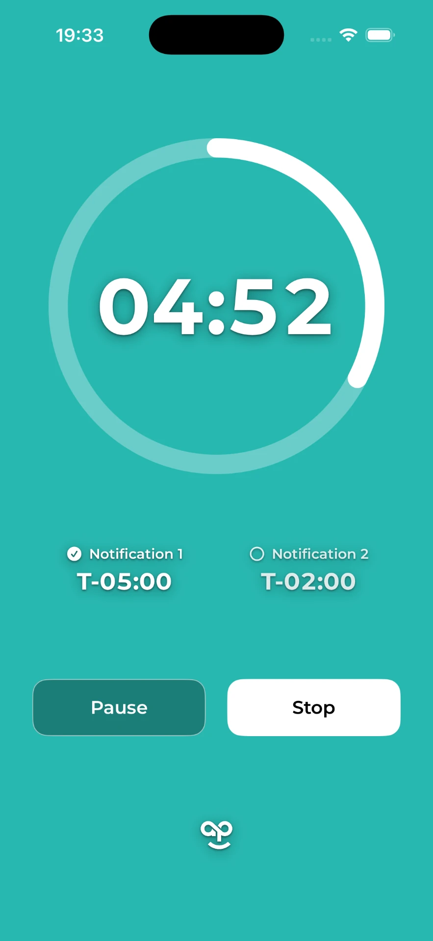 HAPPY Timer in its teal state, first heads up sounded