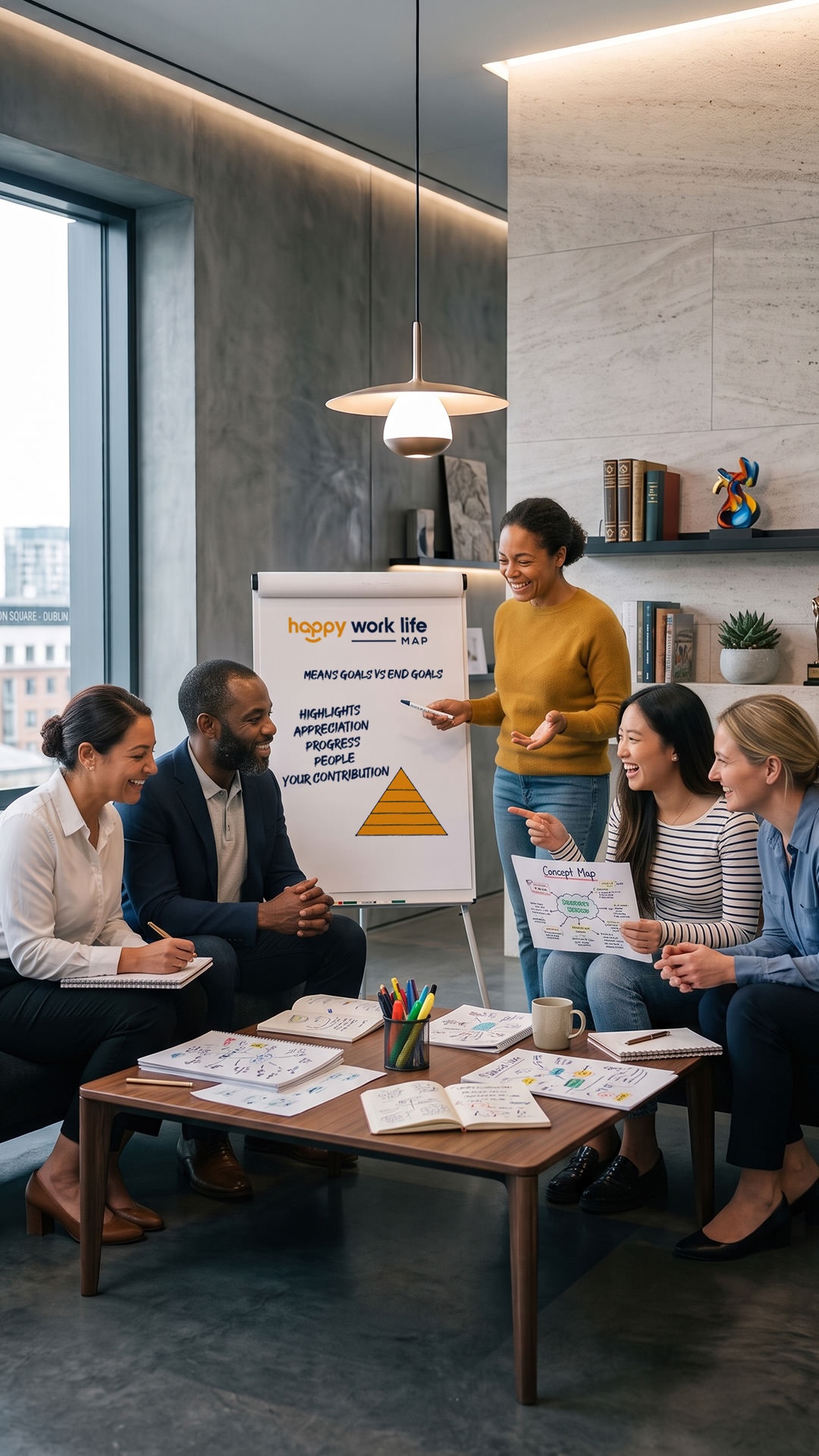 A HAPPY Work Life MAP workshop session with a facilitator and participants collaborating around a flip chart