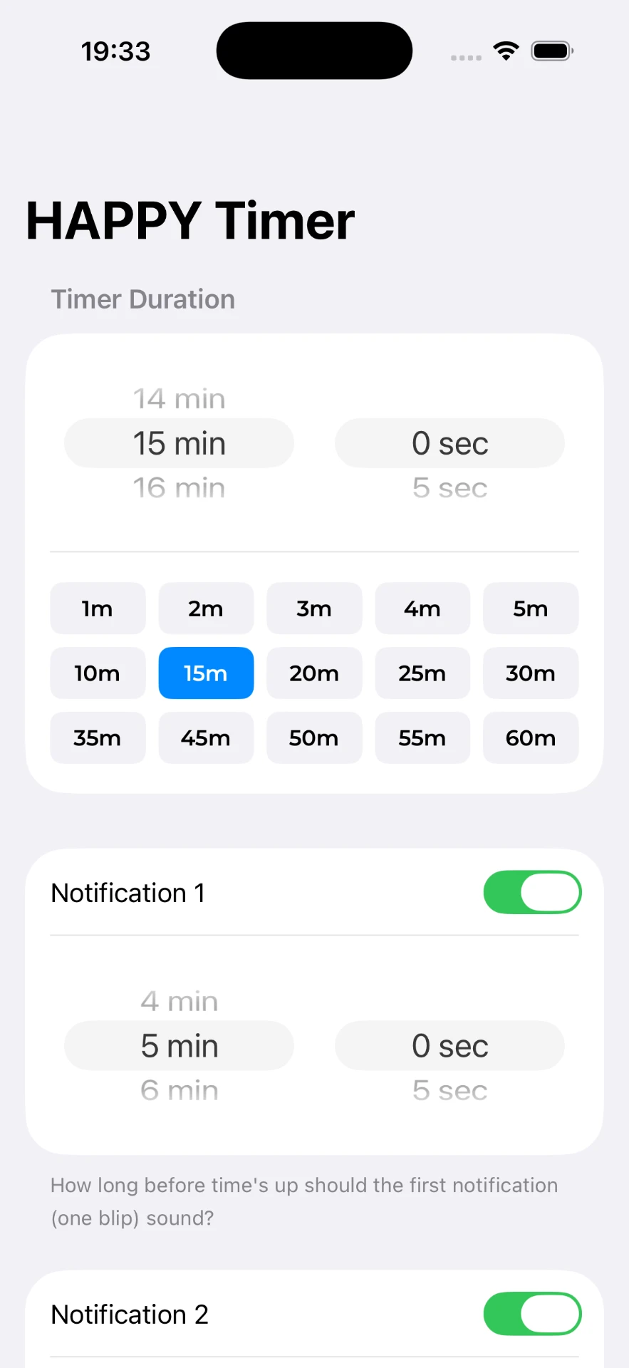 HAPPY Timer setup screen with duration presets and two notification toggles