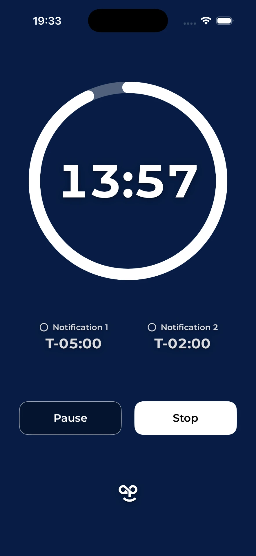 HAPPY Timer counting down on a navy background with a circular progress ring