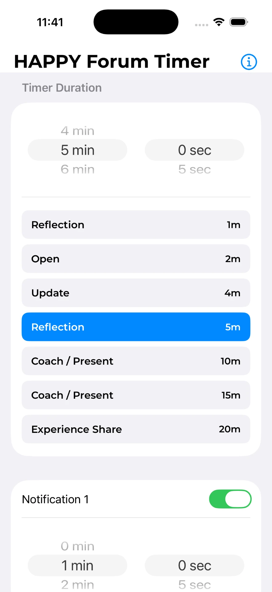HAPPY Forum Timer setup screen with Forum segment presets like Check-in, Deep Dive and Reflection